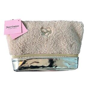 Juicy Couture Beige Sherpa Fleece Gold Metallic Logo Zip Around Makeup Bag NWT